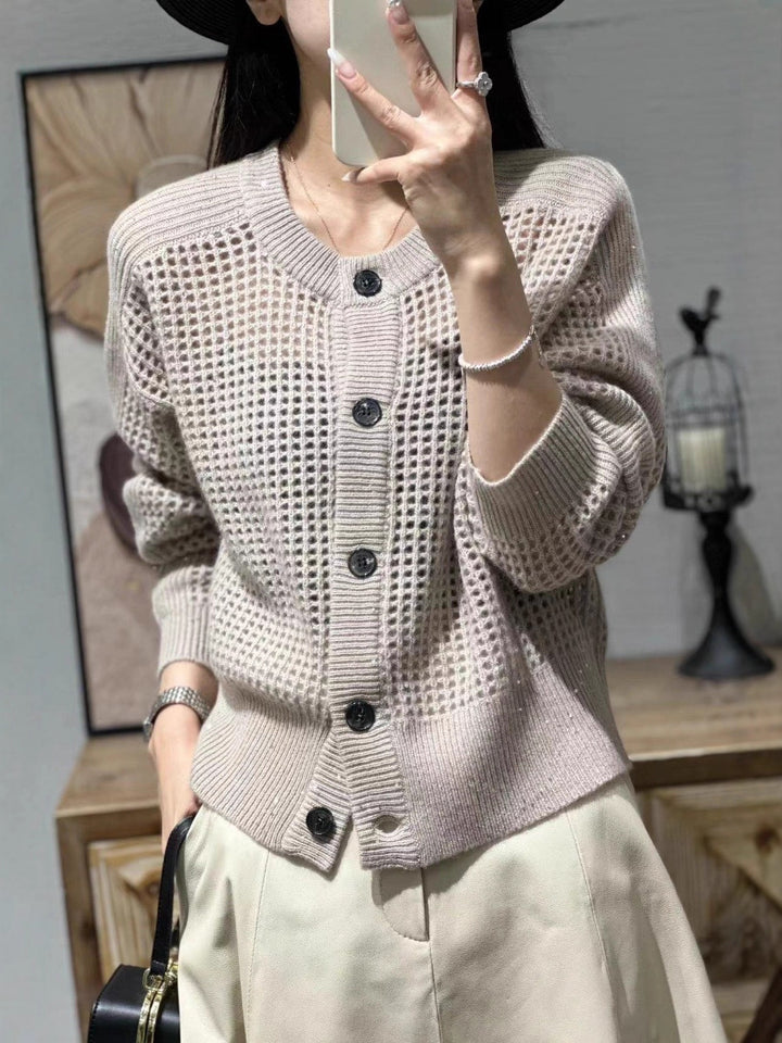 Damen Lockerer Mesh‑Cardigan mit Gitter‑Ajour, Rundhalsausschnitt und Knopfleiste Drune