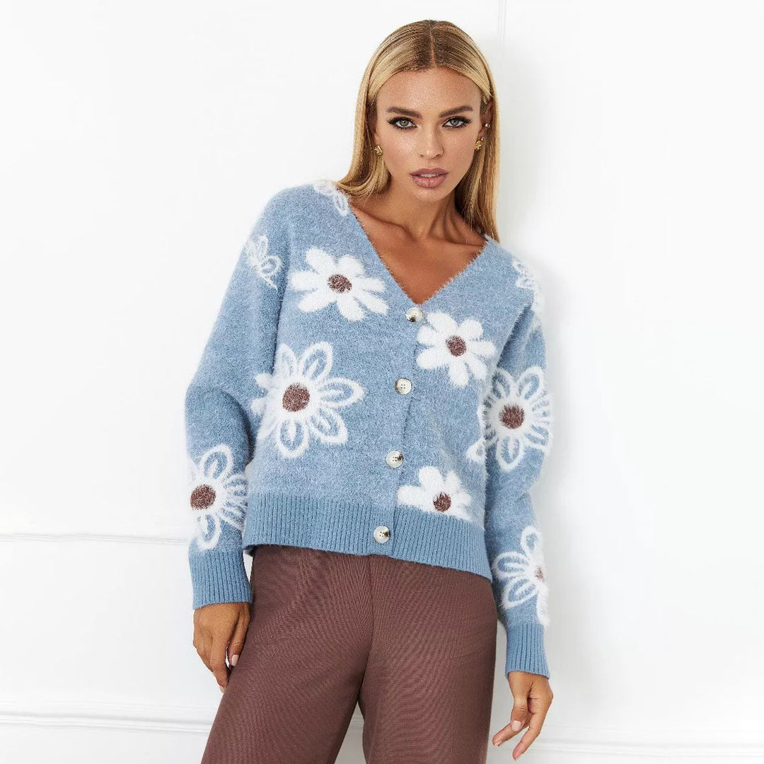 Damen kuschelige Strickjacke mit floralen Applikationen und Knöpfen Drune