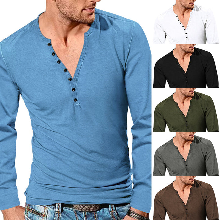 Herren nan langärmeliges Henleyshirt mit tiefer V-Knopfleiste, schmalem Slimfit und leichter Baumwollmischung Drune