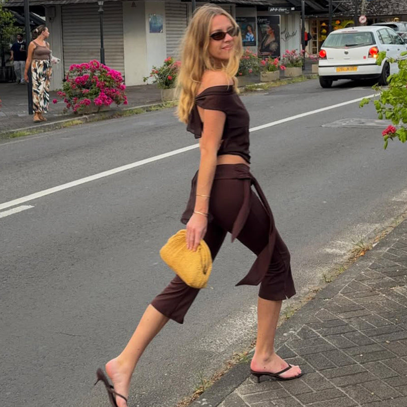 Damen Sportliche Capri-Hose mit elegantem Wickelband Drune