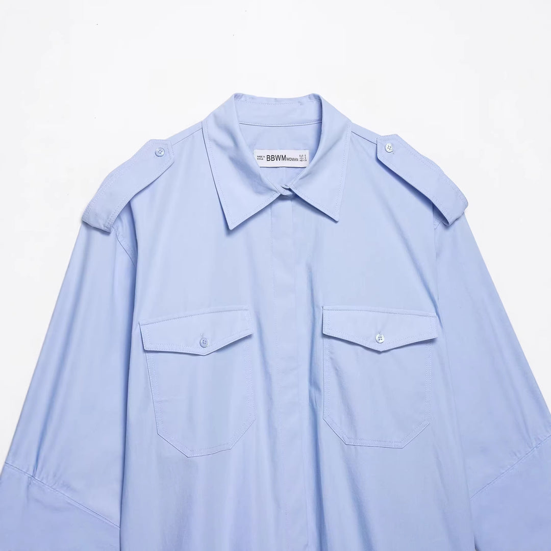 Damen Oversize-Hemdbluse im Utility‑Stil mit Epauletten und Pattentaschen Drune