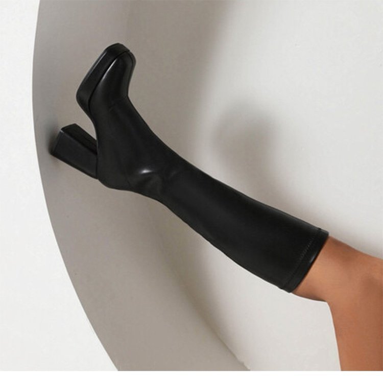 Damen kniehohe Plateaustiefel mit klobigem Blockabsatz und hochglänzender Lackoptik Drune
