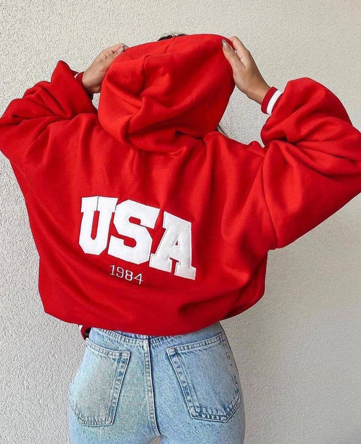 Damen Kurz geschnittener Oversize-Kapuzenpullover mit aufgenähter College-Applikation und gerippten Bündchen Drune