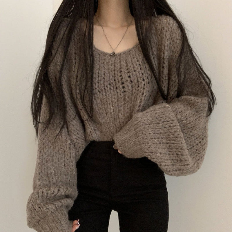 Damen lässiger Strickpullover mit voluminösen Puffärmeln und offener Strickstruktur Drune