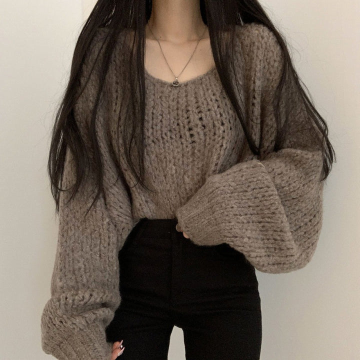 Damen lässiger Strickpullover mit voluminösen Puffärmeln und offener Strickstruktur Drune
