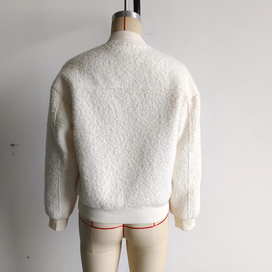 Damen nan kuschelige Teddy-Bomberjacke im College‑Style mit verdeckter Druckknopfleiste und eingearbeiteten Taschen Drune