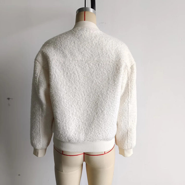 Damen nan kuschelige Teddy-Bomberjacke im College‑Style mit verdeckter Druckknopfleiste und eingearbeiteten Taschen Drune
