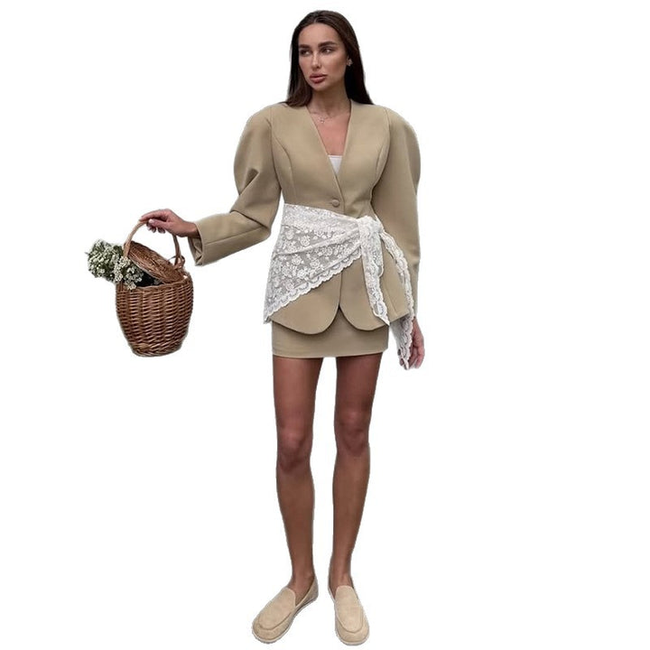 Damen modisches Blazer-Kleid mit hochgeschlossenem Kragen und Rüschendetails Drune