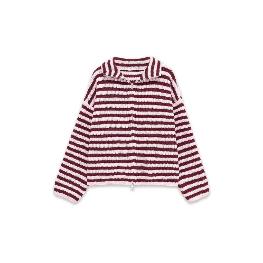 Damen gestreifte Strickjacke mit bequemer Kapuze und Reißverschluss Drune