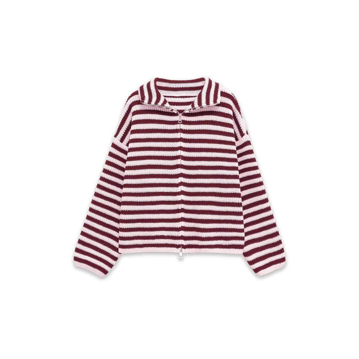Damen gestreifte Strickjacke mit bequemer Kapuze und Reißverschluss Drune
