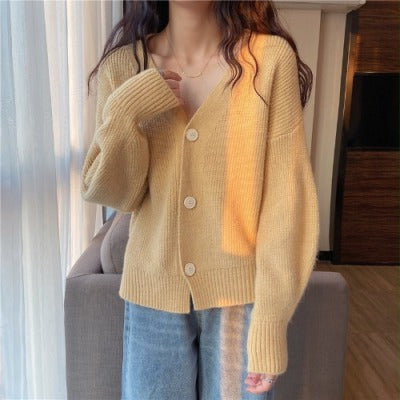 Damen lässige Strickjacke mit V-Ausschnitt und großen Knöpfen Drune