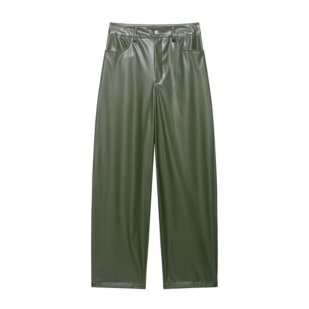 Damen Zweiteiliges PU-Leder-Ensemble mit Fieldjacke, Kordelzugtaillierung und High‑Waist Wide‑Leg Hose Drune