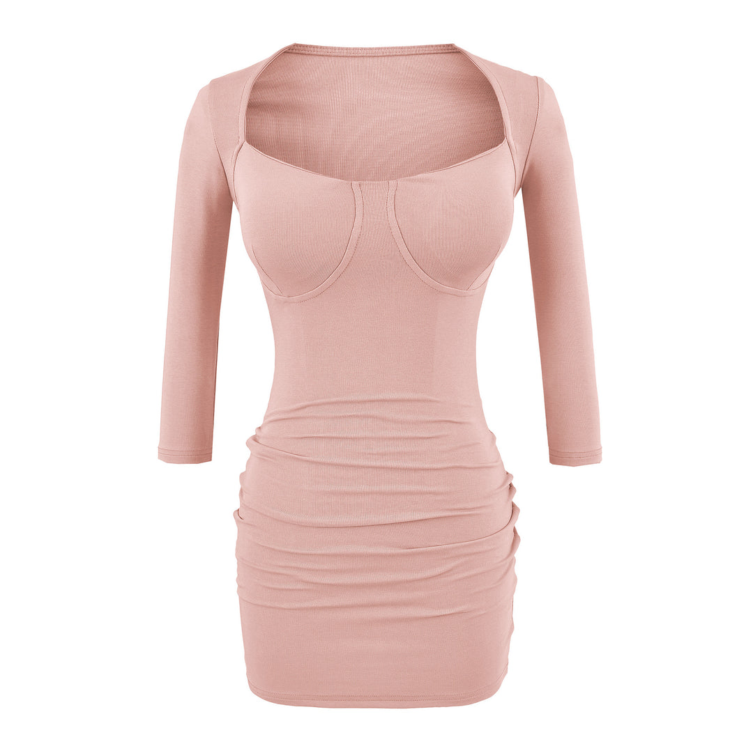 Damen Figurbetontes Midikleid mit eingenähten Cups, weitem Quadrat-Ausschnitt und Raffung Drune