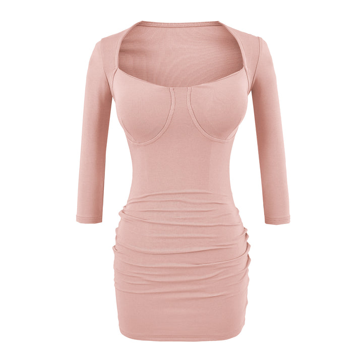 Damen Figurbetontes Midikleid mit eingenähten Cups, weitem Quadrat-Ausschnitt und Raffung Drune