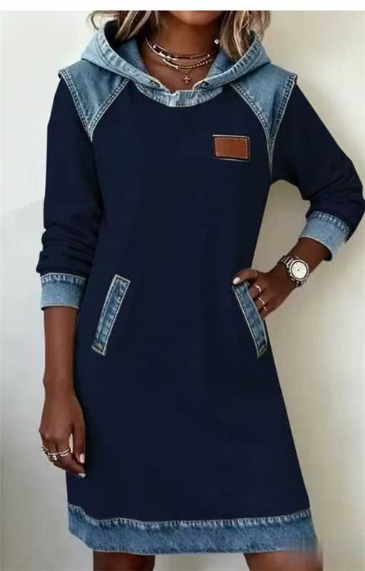 Damen nan Kapuzen-Sweatkleid mit Jeans-Applikationen, Kängurutaschen und lässigem Schnitt Drune