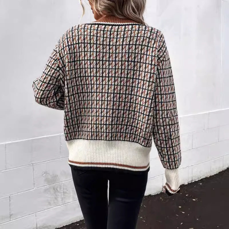 Damen Modische Strickjacke mit detailreichem Karo-Muster und handgearbeiteten Knöpfen Drune