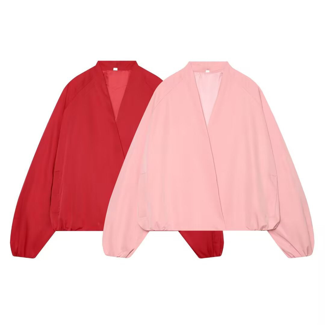 Damen Leichte Cropped-Bomberjacke im Boxy‑Schnitt mit offenem Kimono‑Verschluss Drune
