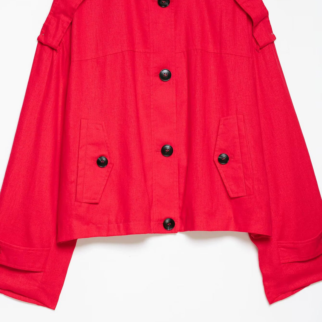 Damen Kurz-Capejacke im Boxy-Cropped-Trenchstil mit Stehkragen und Schulterpatten Drune