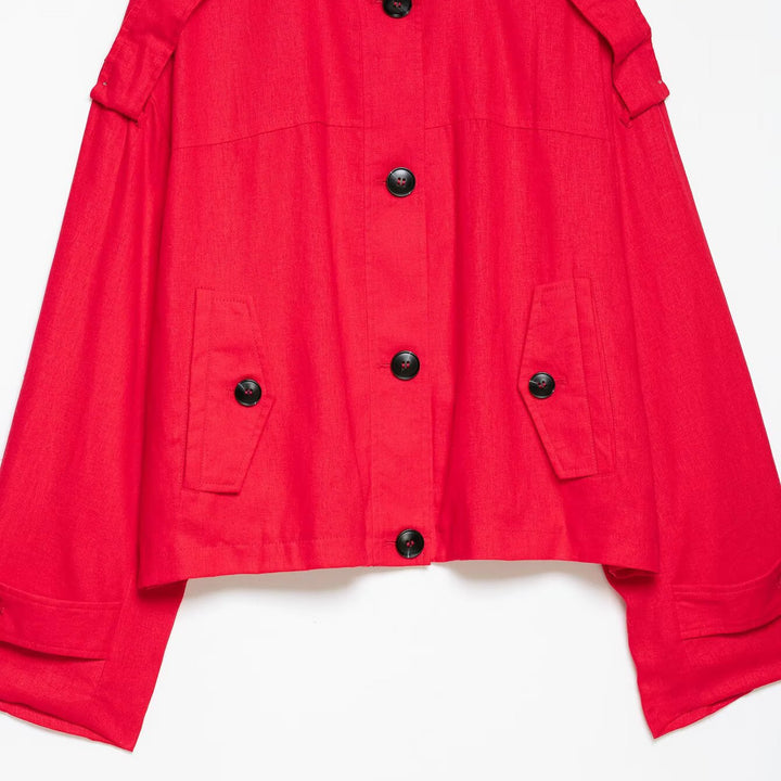 Damen Kurz-Capejacke im Boxy-Cropped-Trenchstil mit Stehkragen und Schulterpatten Drune