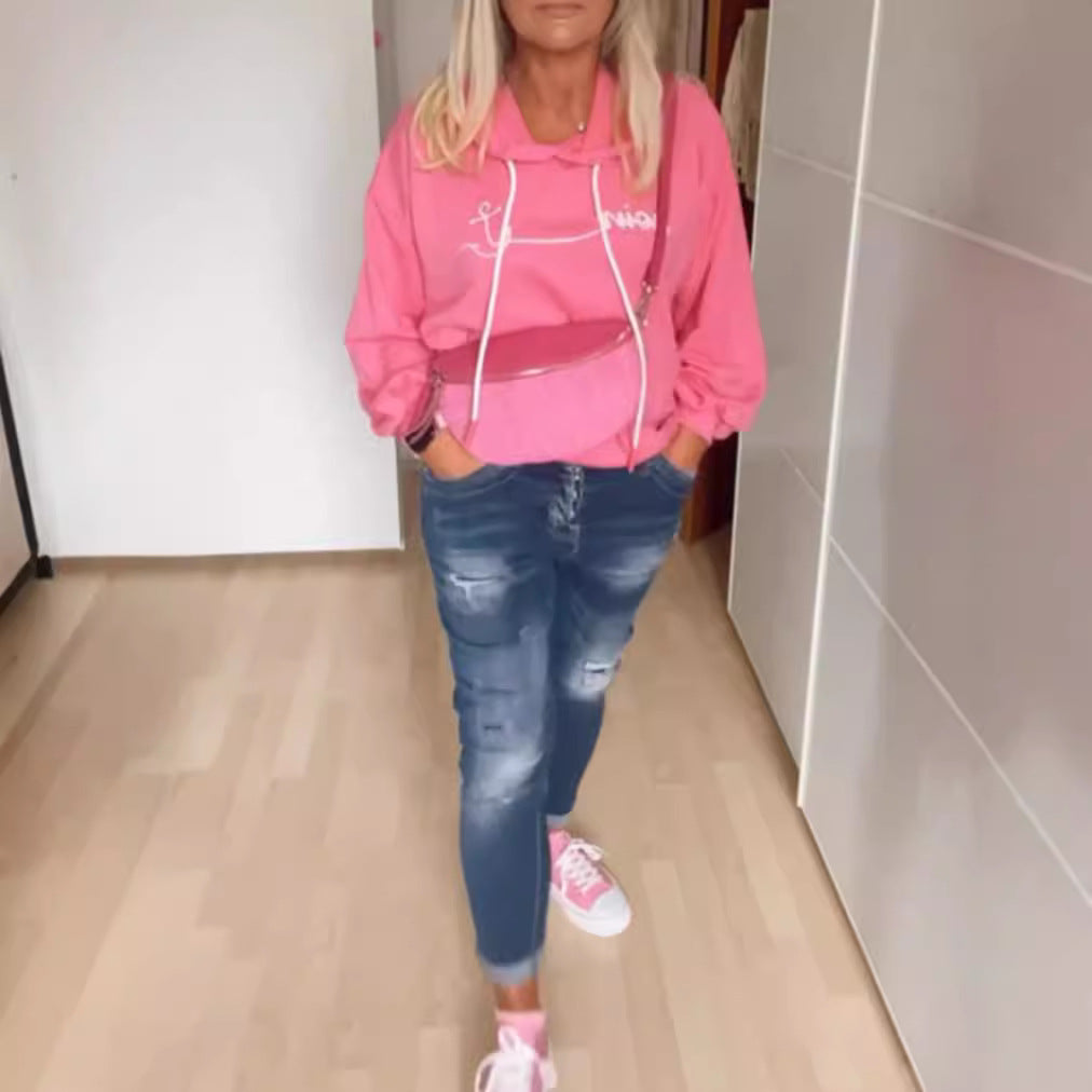 Damen lässiger Kapuzenpullover mit modernem Schriftaufdruck und praktischen Taschen Drune