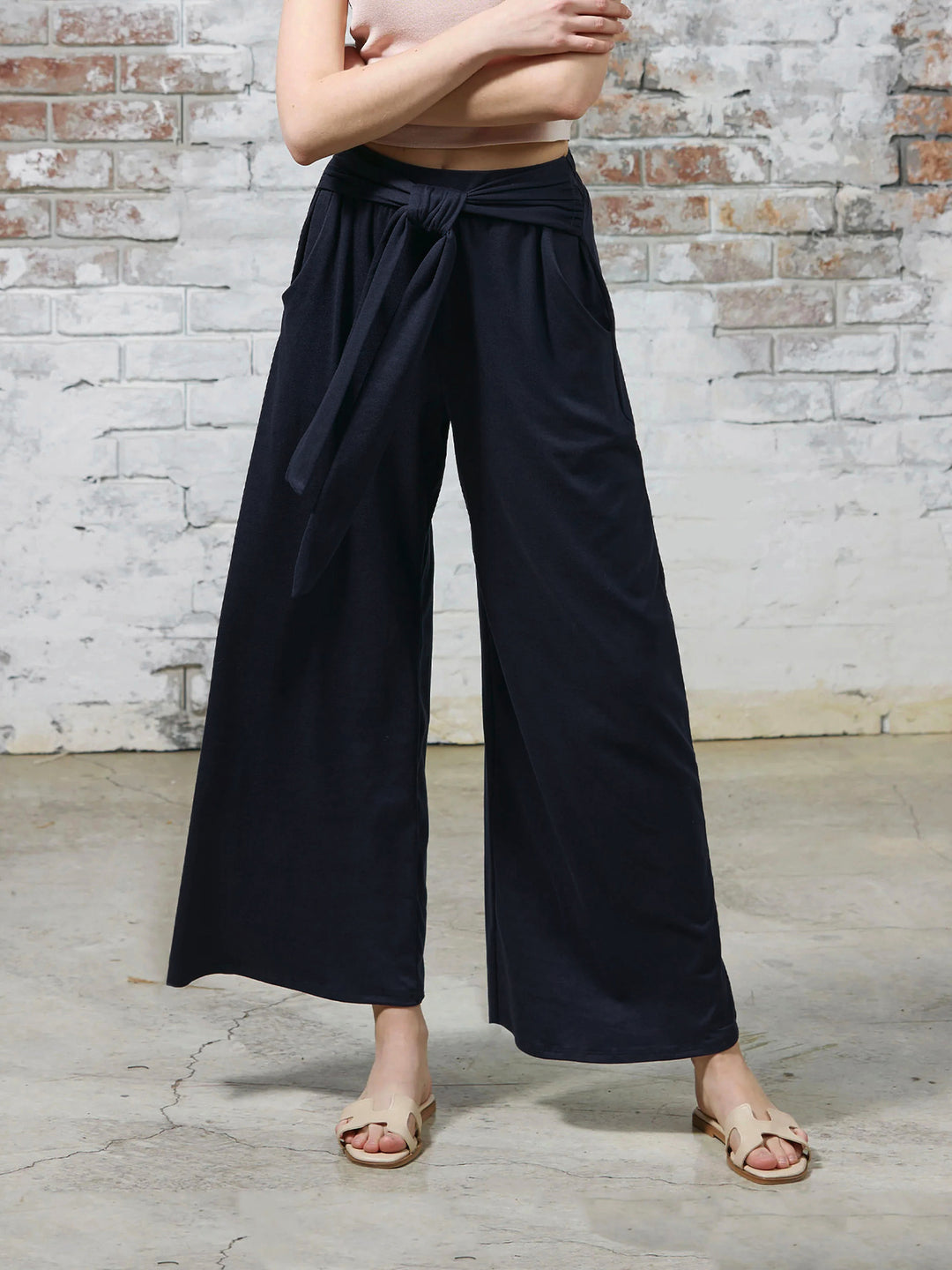 Damen Hochtaillierte Weite Palazzo-Hose mit Selbstbindendem Taillenbund und Seitentaschen Drune