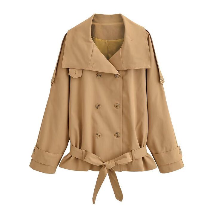 Damen Kurz-Trenchcoat mit doppelreihiger Knopfleiste, Cape‑Yoke und Taillengürtel Drune