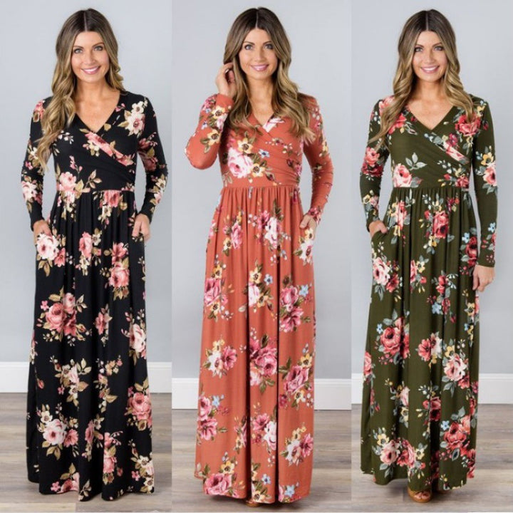Damen Maxikleid mit floralem Wickeldesign und langen Ärmeln Drune