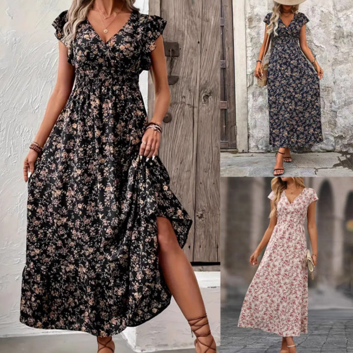 Damen Maxikleid mit Rüschendetails und elegantem V-Ausschnitt Drune