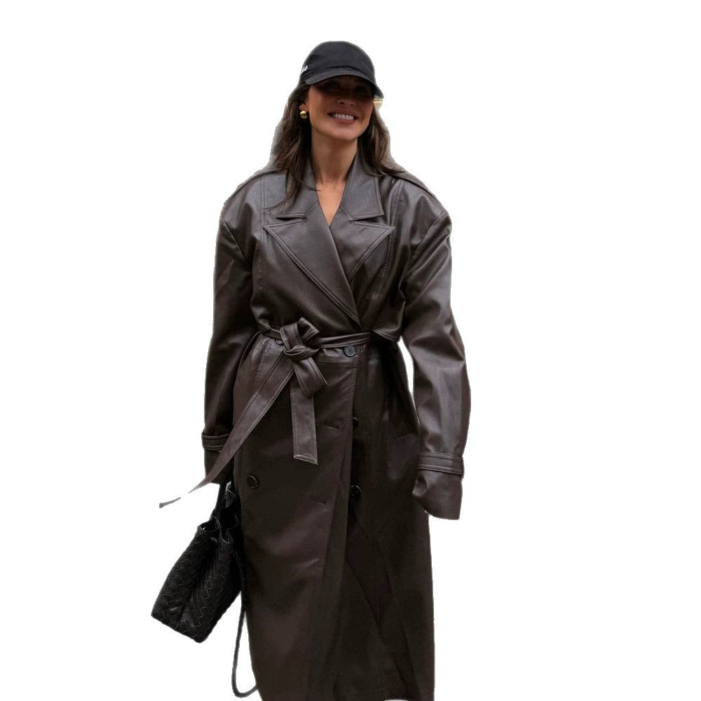 Damen Maxilanger Oversize Kunstleder-Trenchcoat mit weitem Revers und Taillengürtel Drune