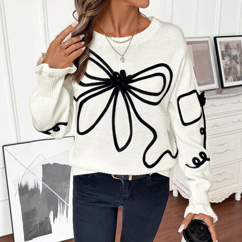 Damen Strickpullover mit kontrastierter Kordelblumenapplikation und Rippbündchen Drune