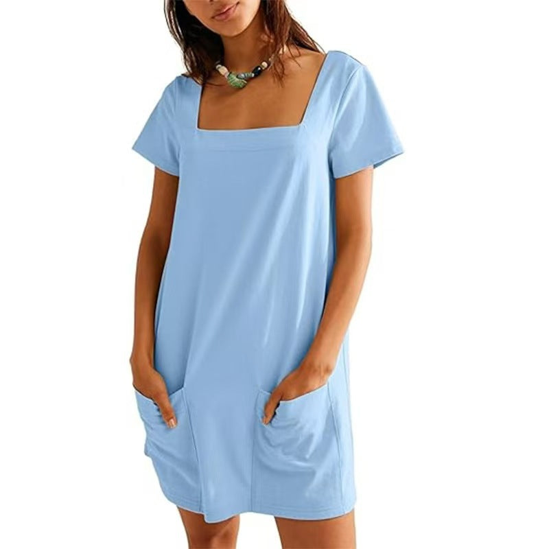 Damen Lockeres Sommerkleid mit Quadrat-Ausschnitt und praktischen Taschen Drune