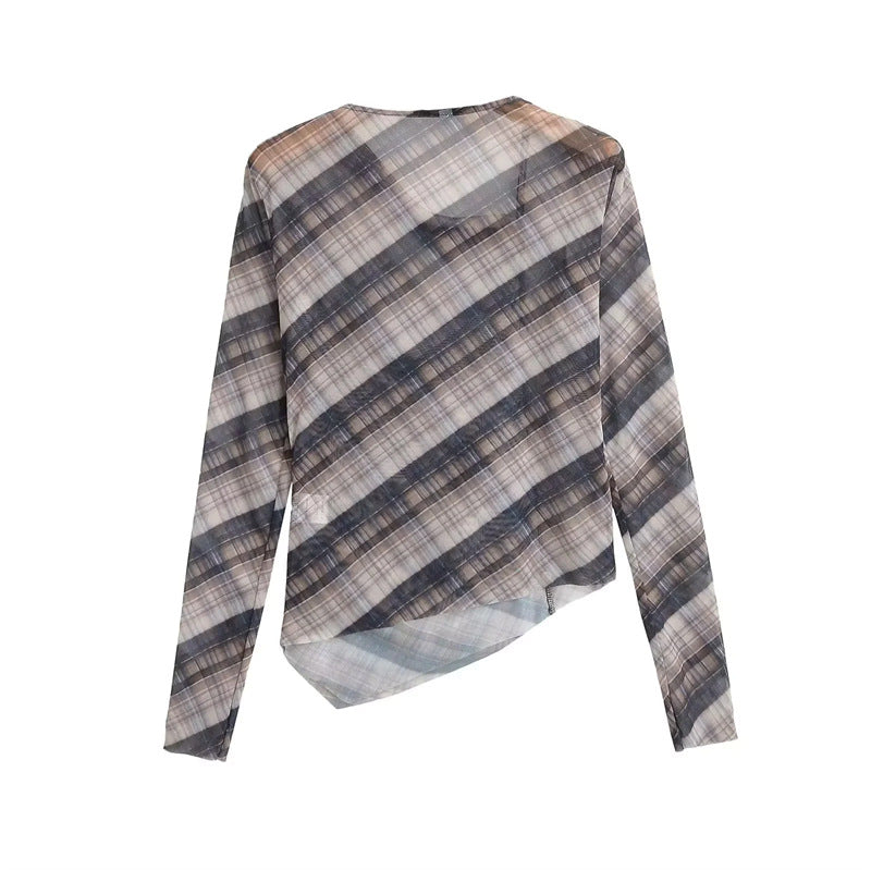 Damen nan transparentes asymmetrisches Karomuster Longsleeve Drune