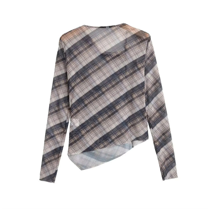 Damen nan transparentes asymmetrisches Karomuster Longsleeve Drune