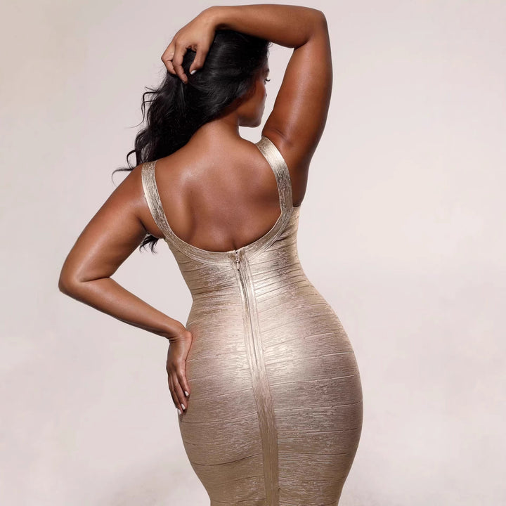 Damen figurbetontes Maxikleid mit schimmerndem Stoff und tiefem Ausschnitt Drune