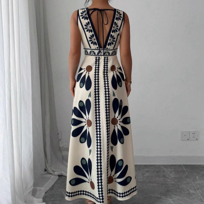 Damen Maxikleid mit voluminösem Blumenmuster und tiefem V-Ausschnitt Drune