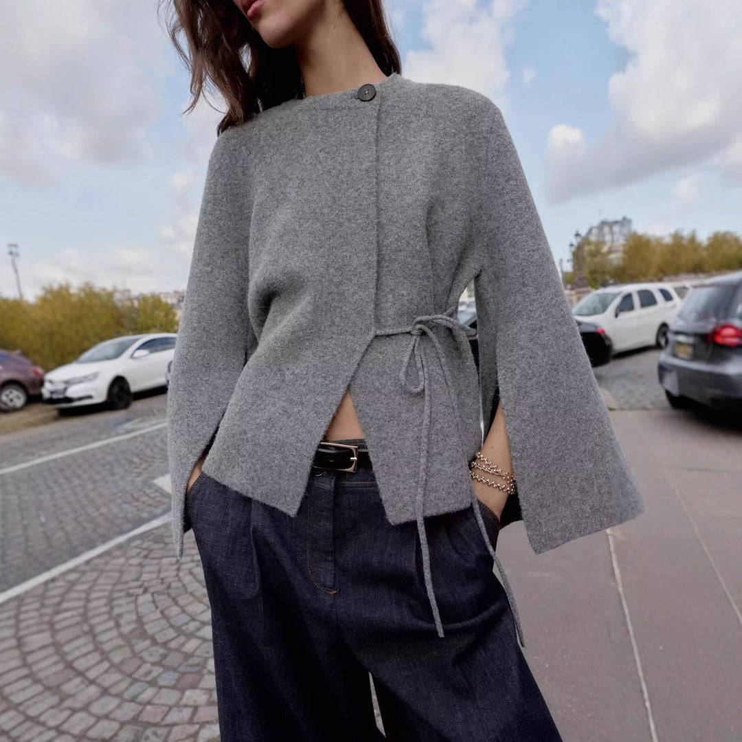 Damen Kurzes Wollmix‑Cape mit Rundhals, Tunnelzug‑Taillierung und Trompetenärmeln Drune