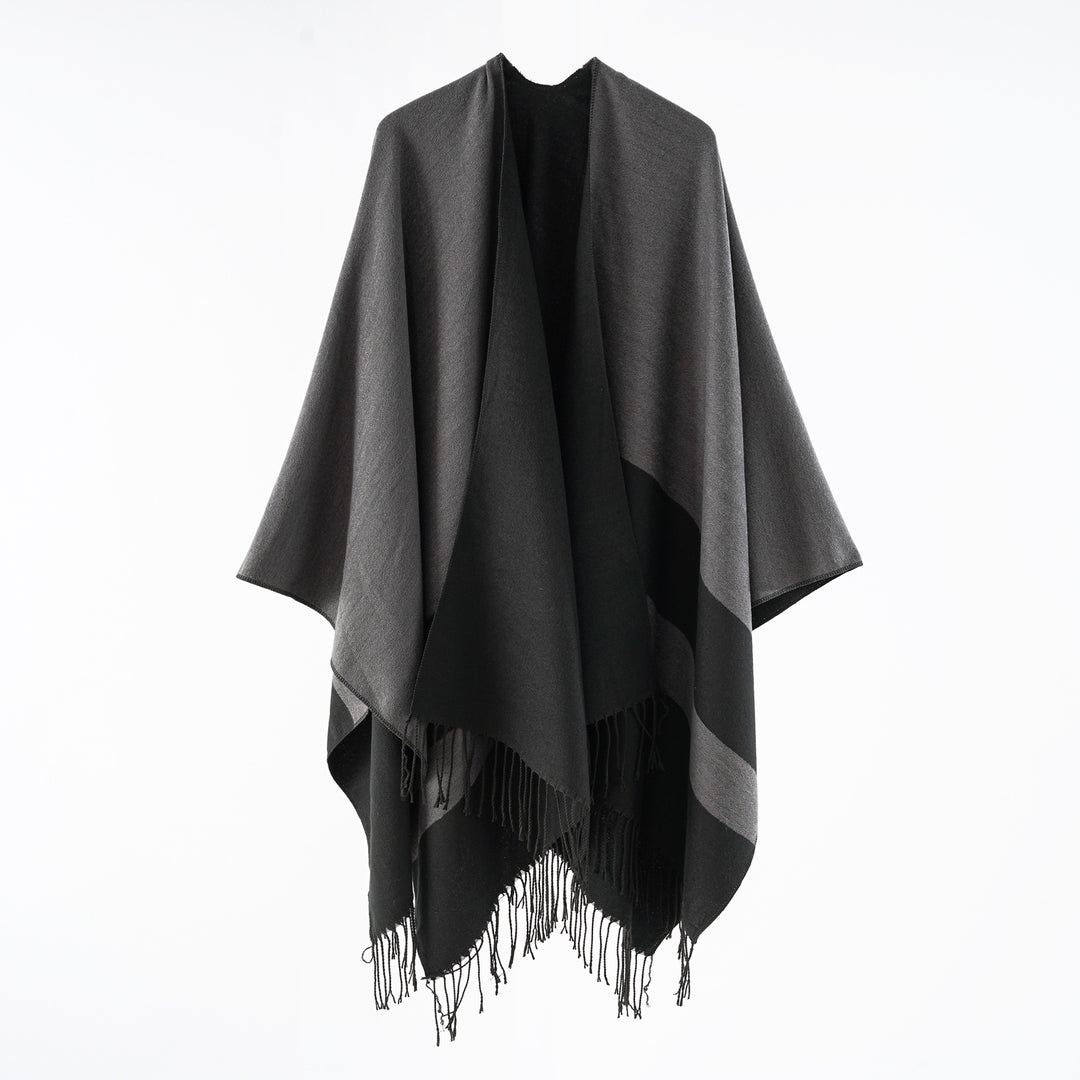 Damen Multifunktionaler Fransen‑Wickelponcho aus Wollmix mit doppellagigem Fall Drune