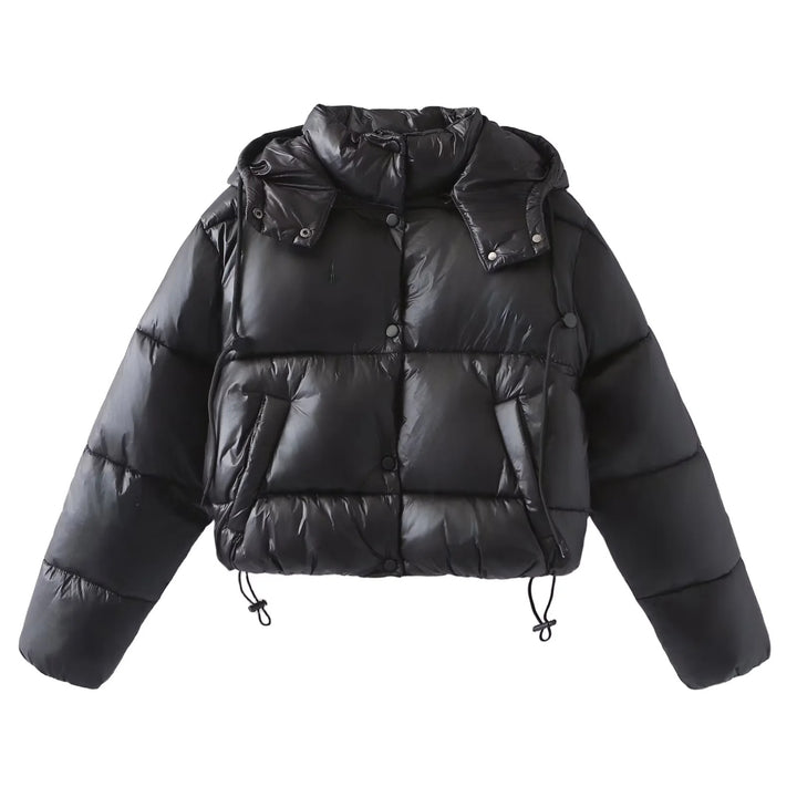 Damen nan oversized wattierte Kurzjacke mit abnehmbarer Kapuze, hohem Stehkragen und Tunnelzugsaum Drune