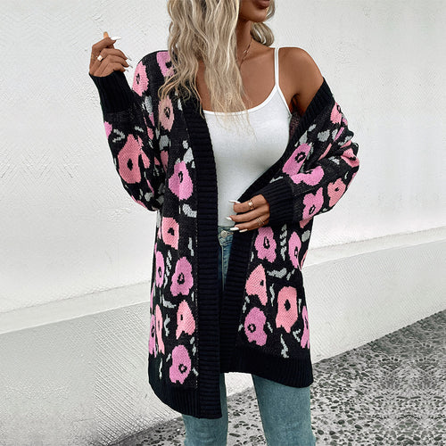Damen Langer Strickcardigan mit Oversize-Schnitt, Animal-Jacquard und gerippten Bündchen Drune