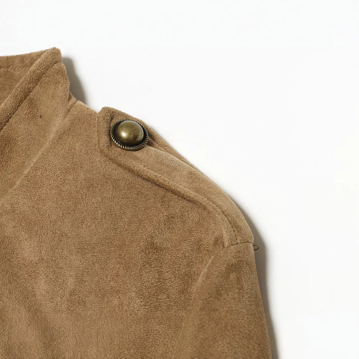 Damen Kurzblouson im Militärstil aus Velourslederoptik mit Reihen-Messingknöpfen Drune
