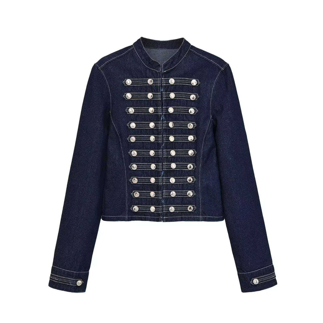 Damen Jeansjacke im Military‑Stil mit Reihenknöpfen und Stehkragen Drune