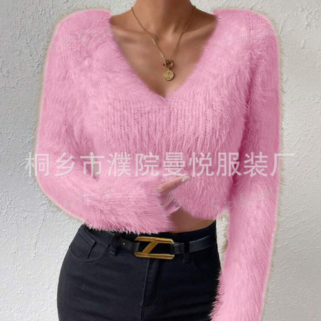 Damen Flauschiger Crop-Pullover mit V-Ausschnitt und Eyelash-Struktur Drune