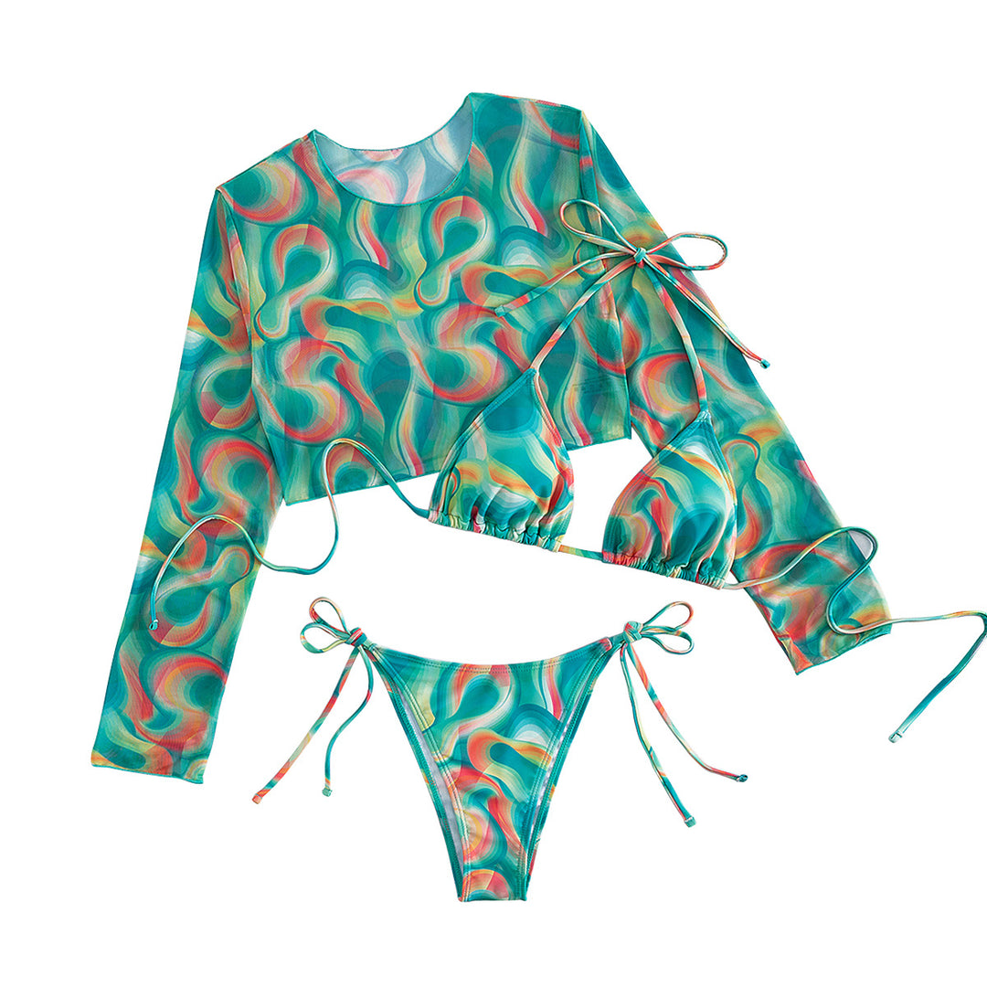 Damen Bikini-Set mit langärmligem Oberteil und verspielten Bindebändern Drune