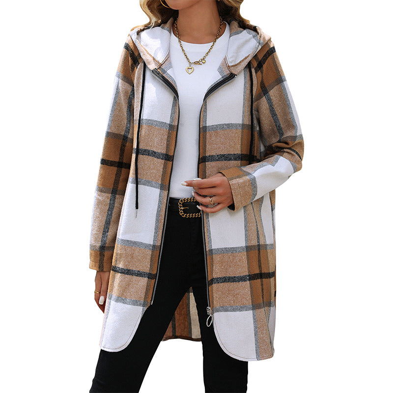 Damen Lange Kapuzen‑Strickjacke mit Karomuster, Reißverschluss & Eingrifftaschen Drune
