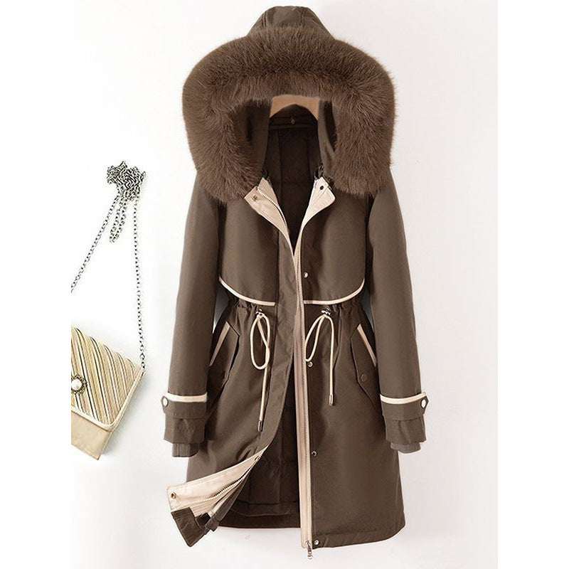 Damen nan langer Parka mit Kunstfellkapuze Taillenzug und kontrastierten Paspeln Drune