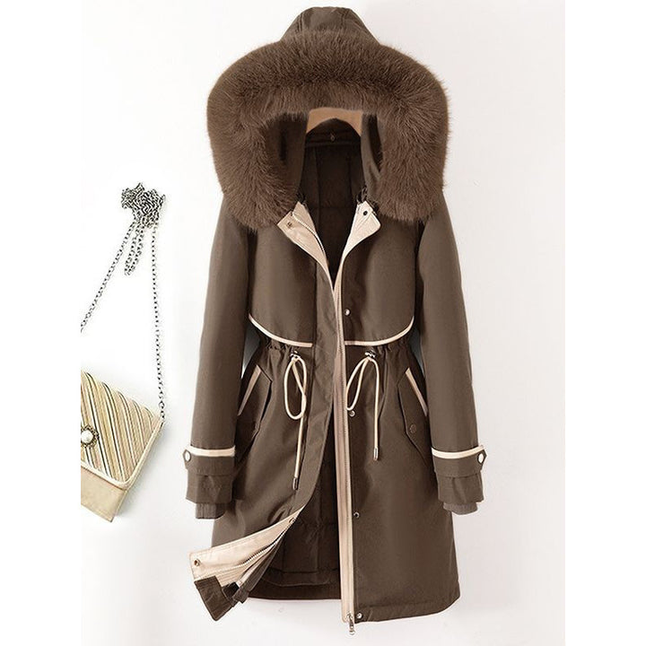 Damen nan langer Parka mit Kunstfellkapuze Taillenzug und kontrastierten Paspeln Drune