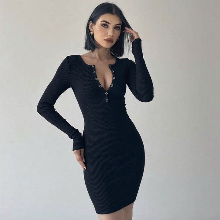 Damen figurbetontes Knit-Kleid mit Knopfleiste und tiefem V-Ausschnitt Drune