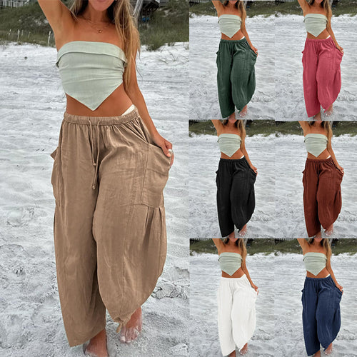 Damen nan weite Palazzohose aus leichtem Leinenmix mit Tunnelzug und seitlicher Tasche Drune