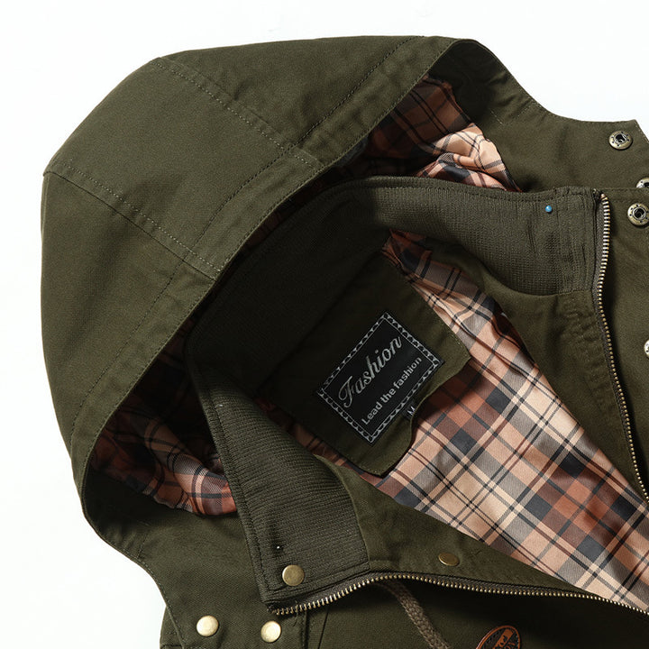 Herren Kapuzen-Canvasparka mit karierter Innenfütterung und Multifunktions‑Taschen Drune