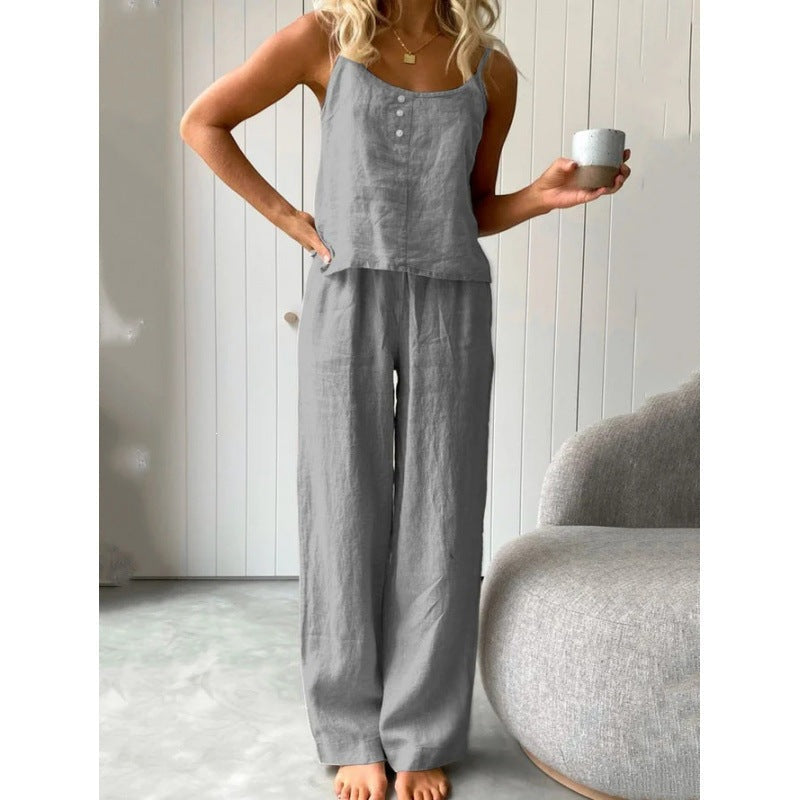 Damen lässiges Leinen-Set mit Trägershirt und weiten Hosen Drune
